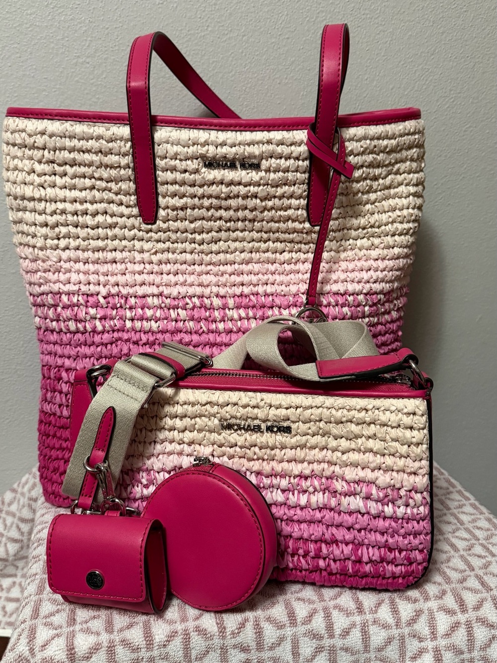 Michael Kors Pink Ombre Straw Tote & Crossbody Set with Hot Pink Trim